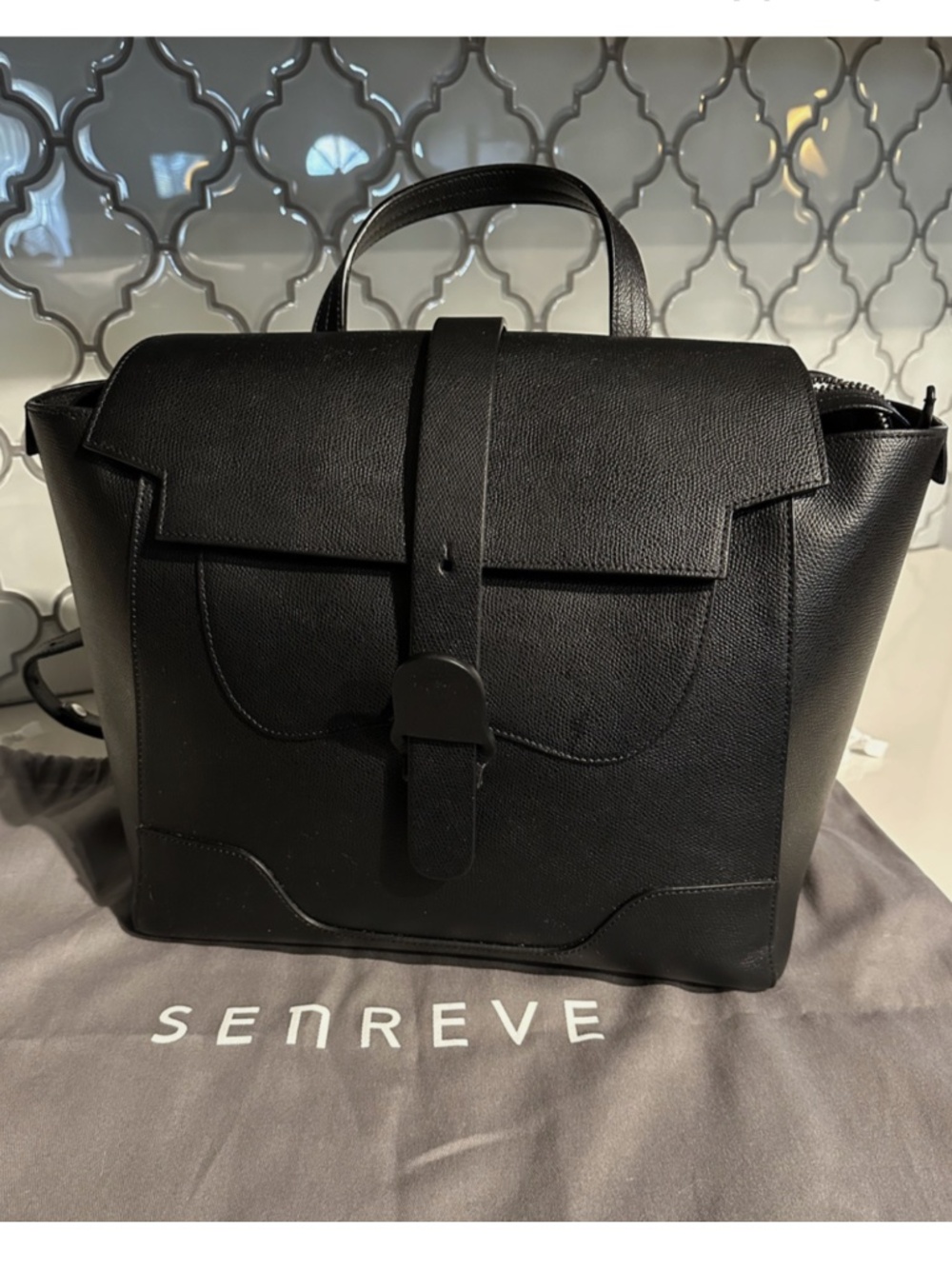 Senreve Maestra Large Black Onyx Pebbled Leather Laptop Bag Silver Hardware
